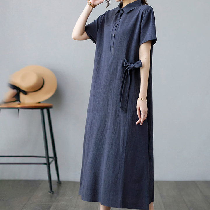 Buddha Stones Casual Plain Side Lace-Up Lapel Short Sleeve Cotton Linen Midi Dress With Pockets - image 20