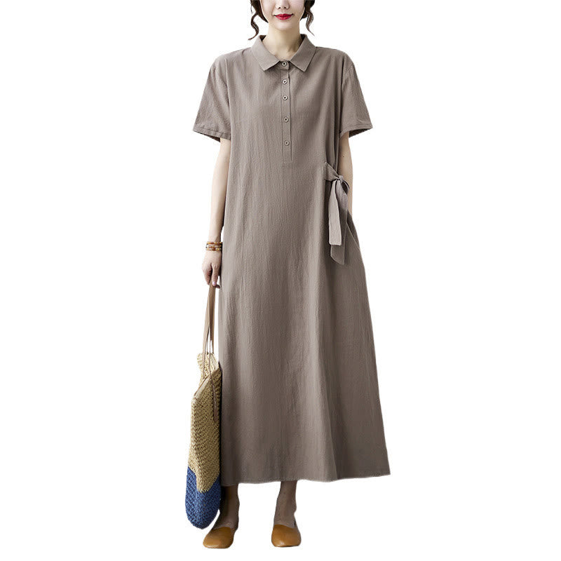Buddha Stones Casual Plain Side Lace-Up Lapel Short Sleeve Cotton Linen Midi Dress With Pockets - image 11