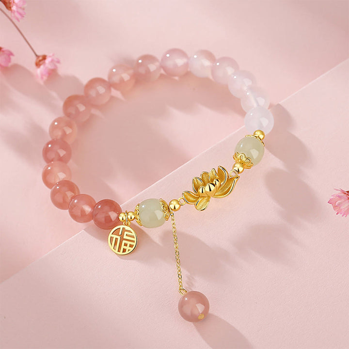 Buddha Stones 925 Sterling Silver Natural Gradient Agate Hetian Jade Lotus Fu Character Enlightenment Bracelet
