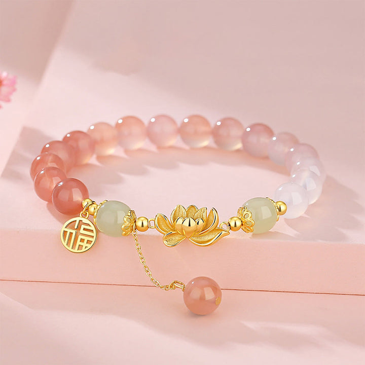 Buddha Stones 925 Sterling Silver Natural Gradient Agate Hetian Jade Lotus Fu Character Enlightenment Bracelet