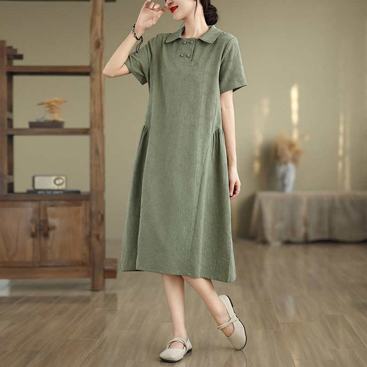Buddha Stones Plain Jacquard Lapel Cotton Linen Short Sleeve Midi Dress With Pockets - MediumSeaGreen - US8-10，UK/AU12-14，EU40-42 (2XL) - image 5