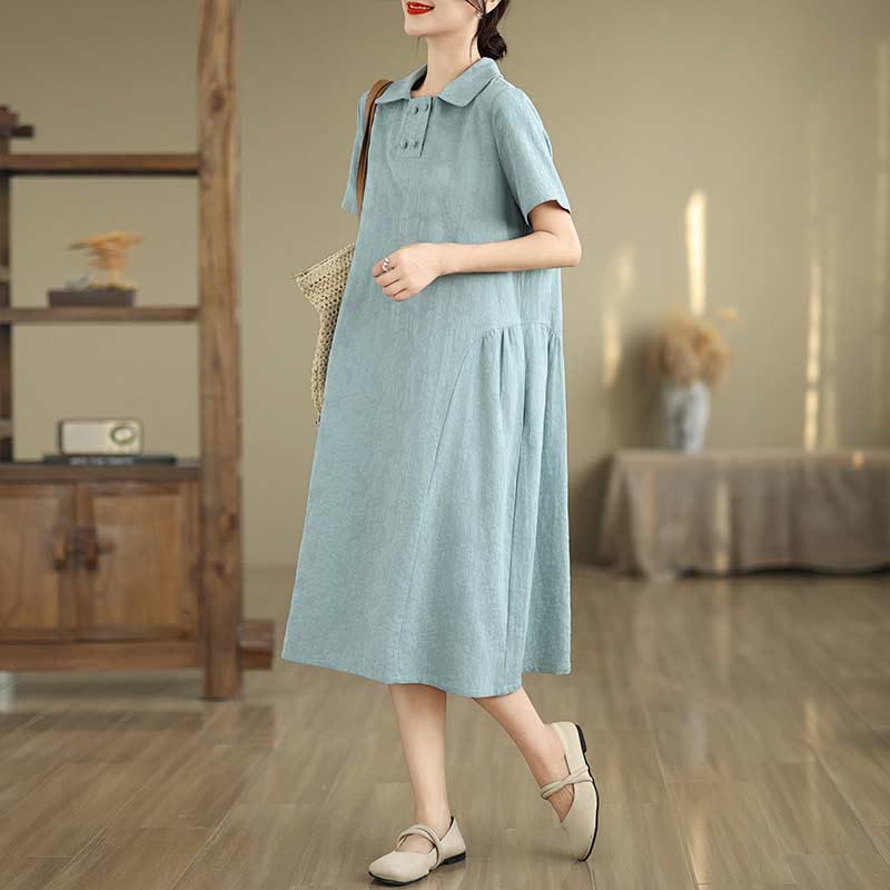 Buddha Stones Plain Jacquard Lapel Cotton Linen Short Sleeve Midi Dress With Pockets - PaleTurquoise - US8-10，UK/AU12-14，EU40-42 (2XL) - image 21