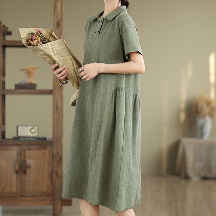 Buddha Stones Plain Jacquard Lapel Cotton Linen Short Sleeve Midi Dress With Pockets - image 6