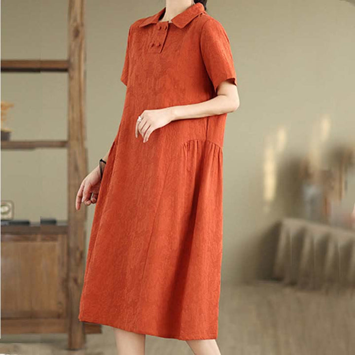 Buddha Stones Plain Jacquard Lapel Cotton Linen Short Sleeve Midi Dress With Pockets - image 12