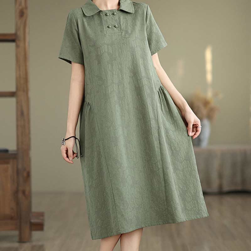 Buddha Stones Plain Jacquard Lapel Cotton Linen Short Sleeve Midi Dress With Pockets - image 9
