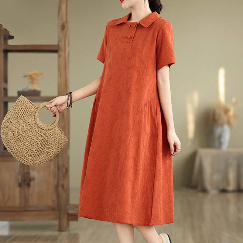 Buddha Stones Plain Jacquard Lapel Cotton Linen Short Sleeve Midi Dress With Pockets - image 15