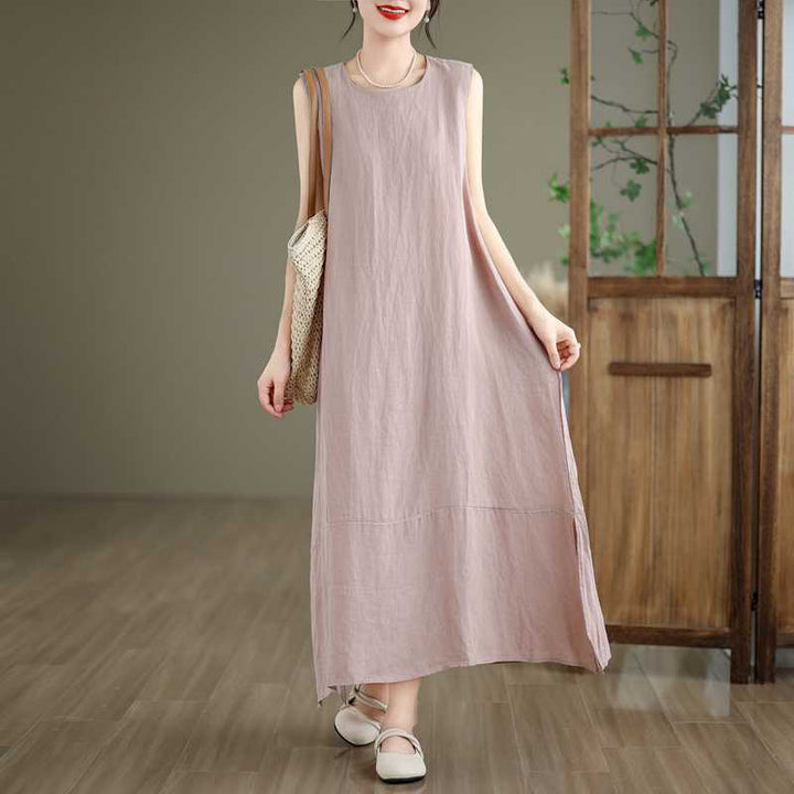 Buddha Stones Spring Plain Irregular Sleeveless Cotton Linen Midi Dress With Pockets - image 19