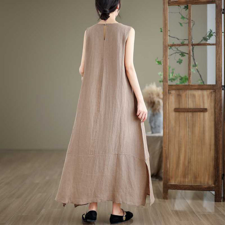 Buddha Stones Spring Plain Irregular Sleeveless Cotton Linen Midi Dress With Pockets - image 3