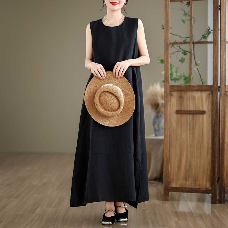 Buddha Stones Spring Plain Irregular Sleeveless Cotton Linen Midi Dress With Pockets - Black - US8-10，UK/AU12-14，EU40-42 (2XL) - image 10