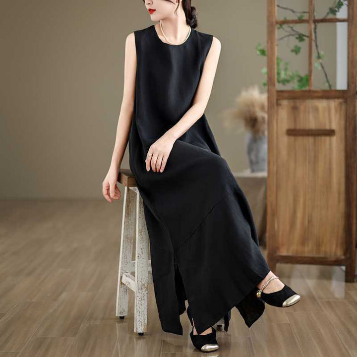 Buddha Stones Spring Plain Irregular Sleeveless Cotton Linen Midi Dress With Pockets - image 15