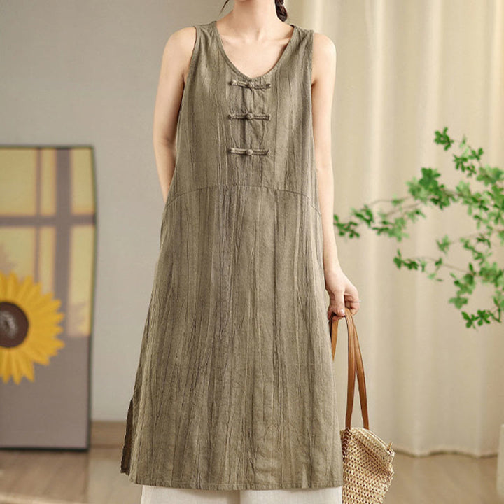 Buddha Stones Tie Dye Chinese Frog-Button Ramie Linen Sleeveless Midi Dress With Pockets - image 11