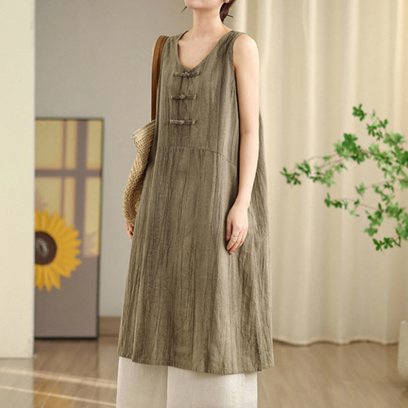 Buddha Stones Tie Dye Chinese Frog-Button Ramie Linen Sleeveless Midi Dress With Pockets - DarkKhaki - US8-10，UK/AU12-14，EU40-42 (2XL) - image 9