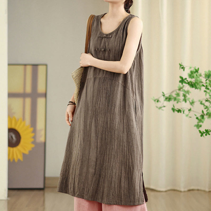 Buddha Stones Tie Dye Chinese Frog-Button Ramie Linen Sleeveless Midi Dress With Pockets - Tan - US8-10，UK/AU12-14，EU40-42 (2XL) - image 18