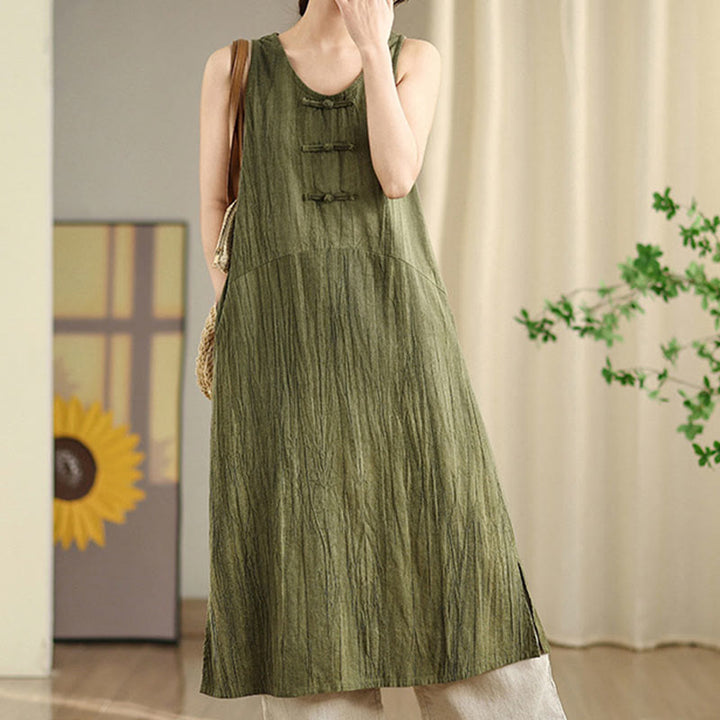 Buddha Stones Tie Dye Chinese Frog-Button Ramie Linen Sleeveless Midi Dress With Pockets - image 3