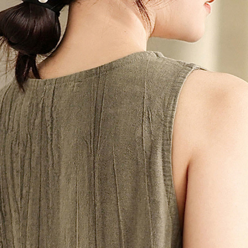 Buddha Stones Tie Dye Chinese Frog-Button Ramie Linen Sleeveless Midi Dress With Pockets - image 15