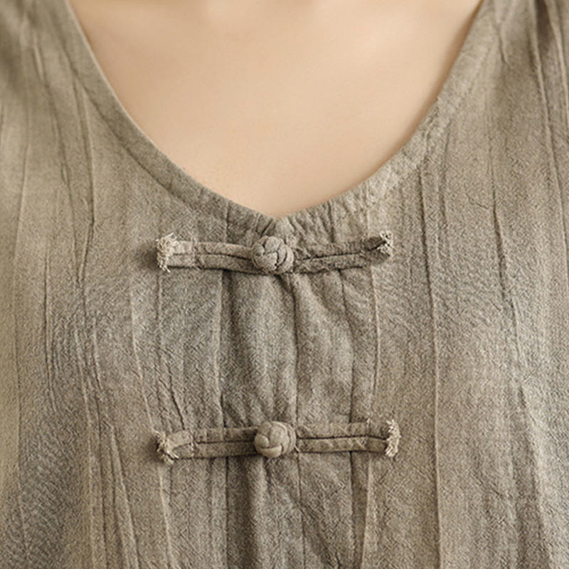 Buddha Stones Tie Dye Chinese Frog-Button Ramie Linen Sleeveless Midi Dress With Pockets - image 14