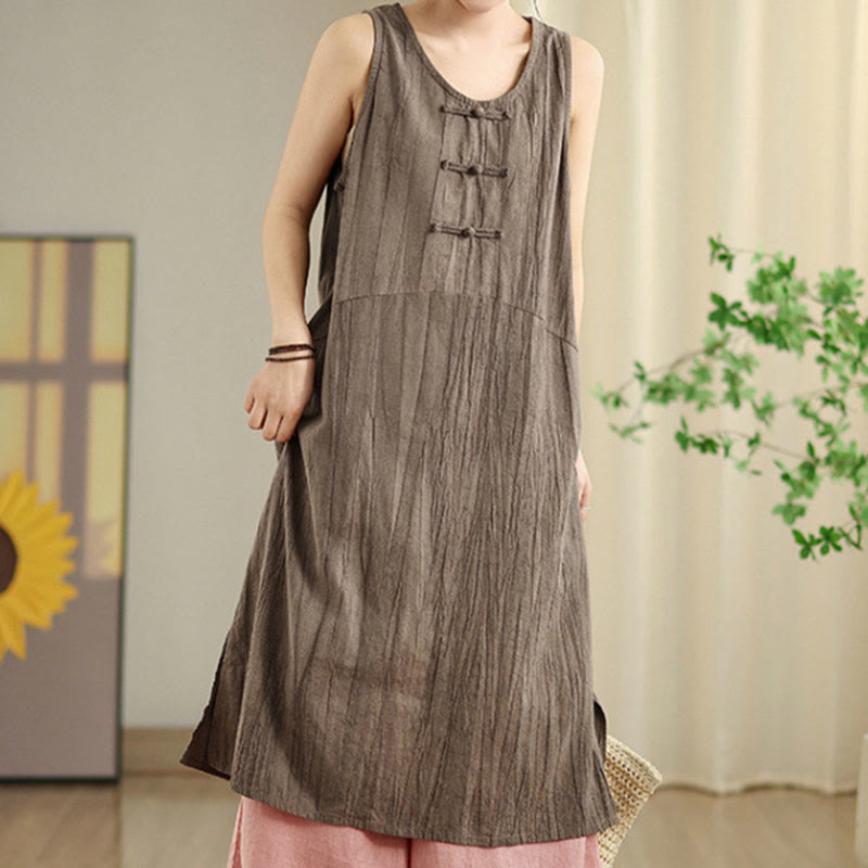 Buddha Stones Tie Dye Chinese Frog-Button Ramie Linen Sleeveless Midi Dress With Pockets - image 20