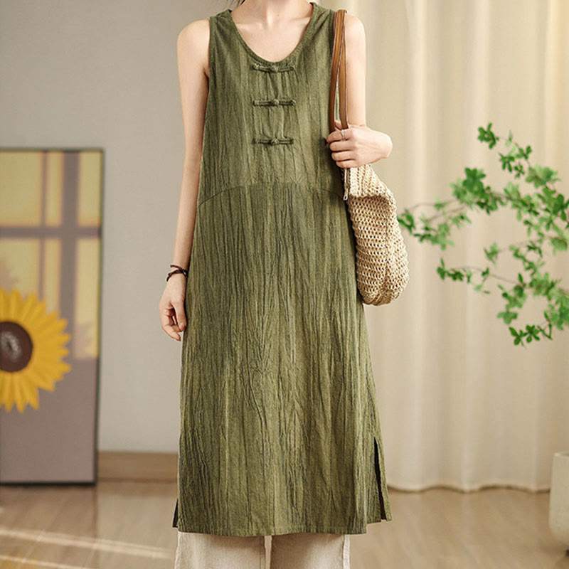 Buddha Stones Tie Dye Chinese Frog-Button Ramie Linen Sleeveless Midi Dress With Pockets - image 4