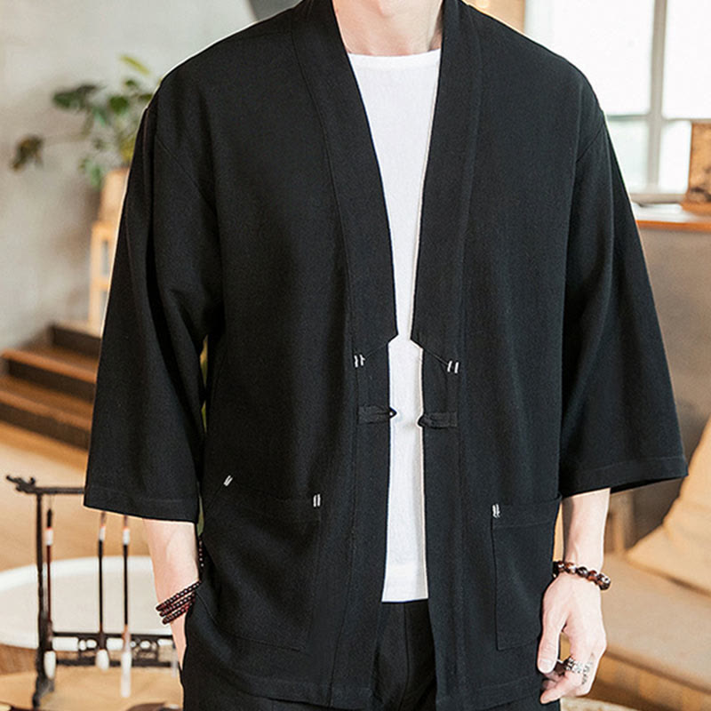 Buddha Stones Plain Chinese Frog-Button Jacket Cotton Linen Men's Three Quarter Sleeve Kimono - image 9