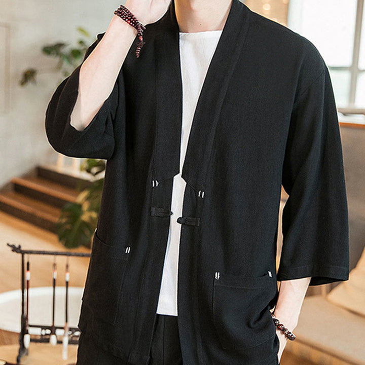 Buddha Stones Solid Color  Chinese Frog-Button Open Front Jacket Cotton Linen Men's Kimono - image 10