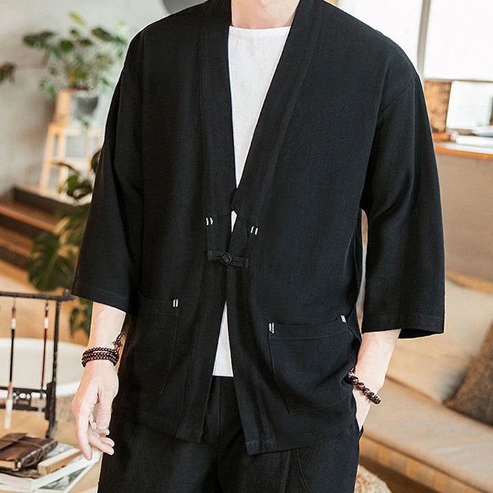 Buddha Stones Plain Chinese Frog-Button Jacket Cotton Linen Men's Three Quarter Sleeve Kimono - image 11