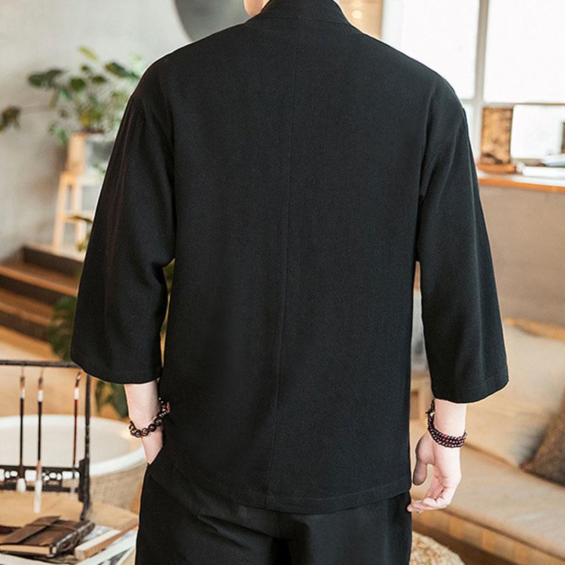 Buddha Stones Solid Color  Chinese Frog-Button Open Front Jacket Cotton Linen Men's Kimono - image 12