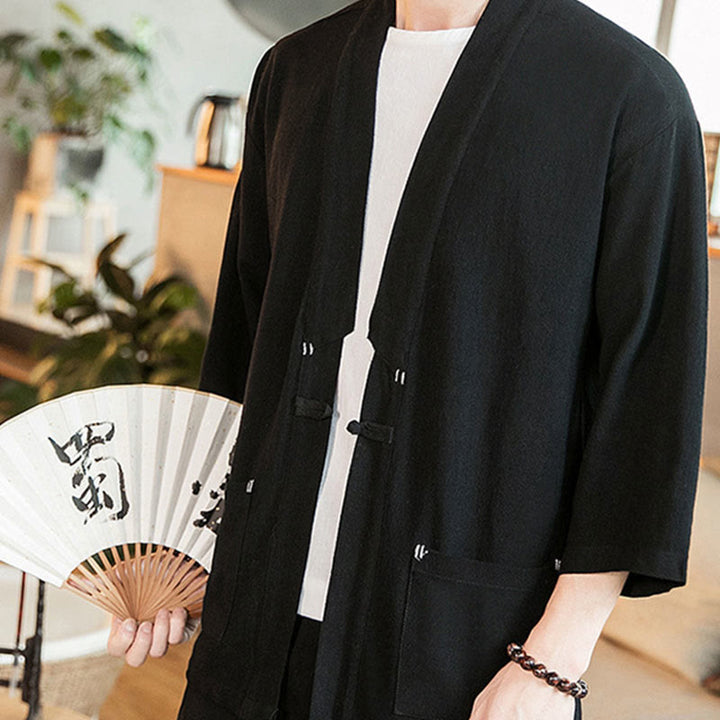 Buddha Stones Solid Color  Chinese Frog-Button Open Front Jacket Cotton Linen Men's Kimono - image 14