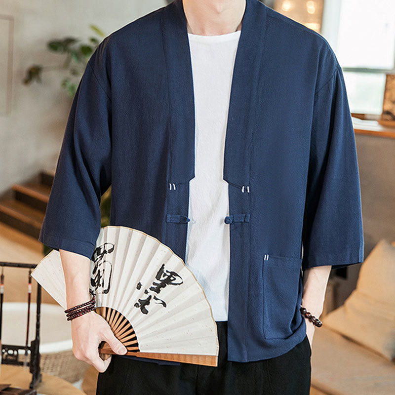 Buddha Stones Solid Color  Chinese Frog-Button Open Front Jacket Cotton Linen Men's Kimono - image 5
