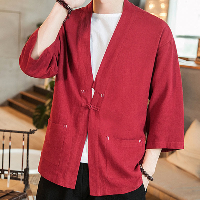 Buddha Stones Solid Color  Chinese Frog-Button Open Front Jacket Cotton Linen Men's Kimono - image 22