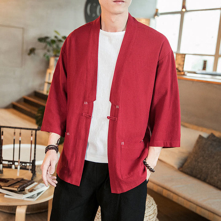 Buddha Stones Solid Color  Chinese Frog-Button Open Front Jacket Cotton Linen Men's Kimono - image 24