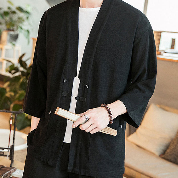Buddha Stones Solid Color  Chinese Frog-Button Open Front Jacket Cotton Linen Men's Kimono - image 13