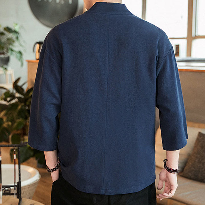 Buddha Stones Solid Color  Chinese Frog-Button Open Front Jacket Cotton Linen Men's Kimono - image 3