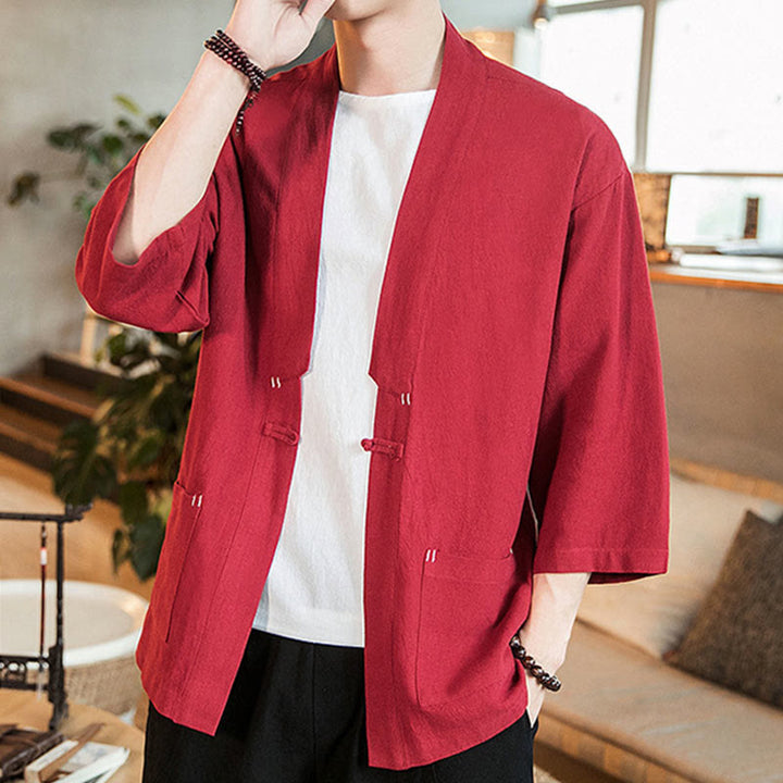 Buddha Stones Solid Color  Chinese Frog-Button Open Front Jacket Cotton Linen Men's Kimono - image 23