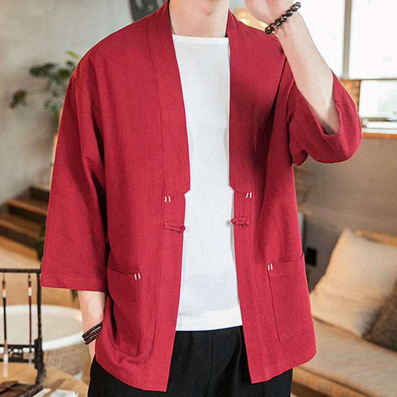 Buddha Stones Solid Color  Chinese Frog-Button Open Front Jacket Cotton Linen Men's Kimono - image 27