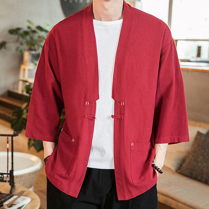 Buddha Stones Solid Color  Chinese Frog-Button Open Front Jacket Cotton Linen Men's Kimono - image 25