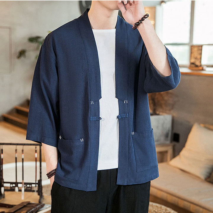 Buddha Stones Solid Color  Chinese Frog-Button Open Front Jacket Cotton Linen Men's Kimono - image 4