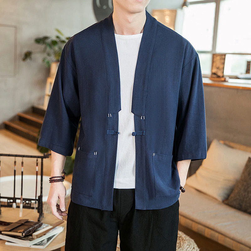 Buddha Stones Solid Color  Chinese Frog-Button Open Front Jacket Cotton Linen Men's Kimono - image 2