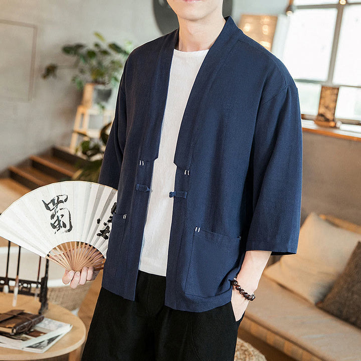 Buddha Stones Solid Color  Chinese Frog-Button Open Front Jacket Cotton Linen Men's Kimono - image 6