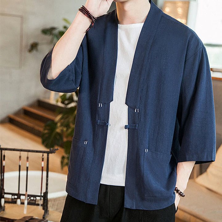 Buddha Stones Plain Chinese Frog-Button Jacket Cotton Linen Men's Three Quarter Sleeve Kimono - image 1
