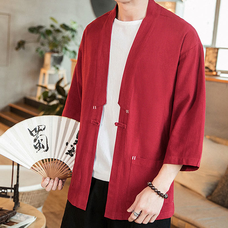 Buddha Stones Solid Color  Chinese Frog-Button Open Front Jacket Cotton Linen Men's Kimono - image 21