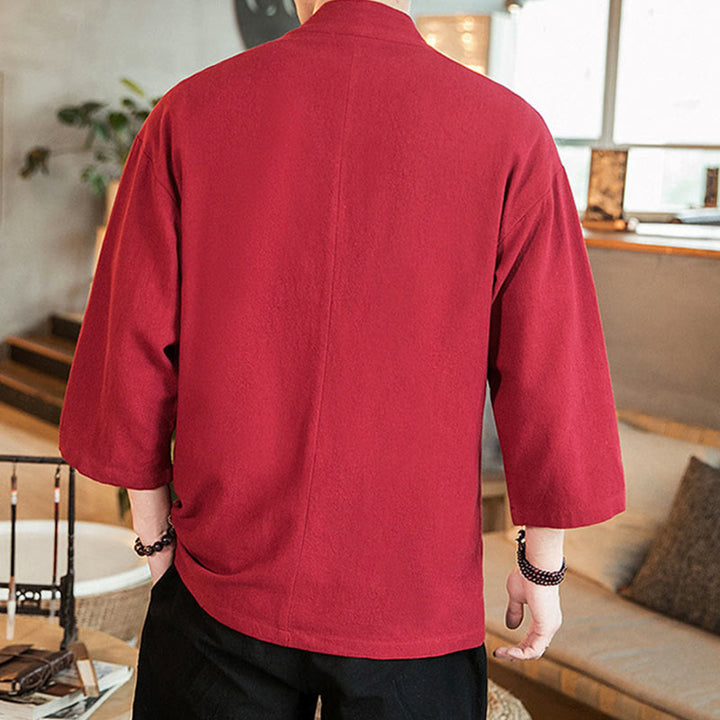 Buddha Stones Solid Color  Chinese Frog-Button Open Front Jacket Cotton Linen Men's Kimono - image 26