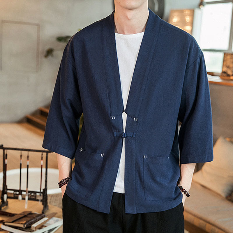 Buddha Stones Solid Color  Chinese Frog-Button Open Front Jacket Cotton Linen Men's Kimono - Navy - US/UK/AU46，EU56 (5XL) - image 0