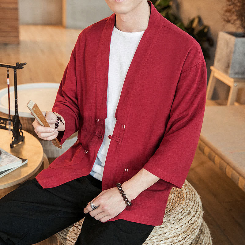 Buddha Stones Solid Color  Chinese Frog-Button Open Front Jacket Cotton Linen Men's Kimono - Crimson - US/UK/AU46，EU56 (5XL) - image 20