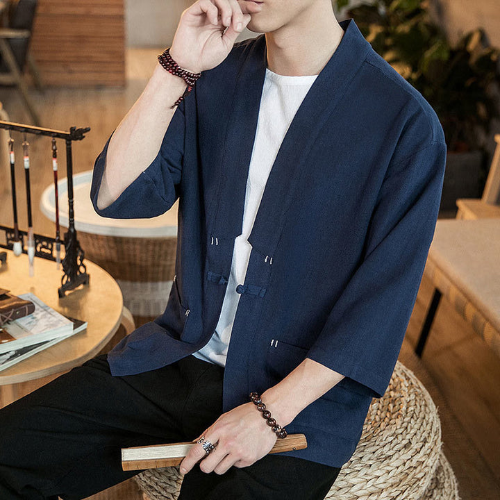 Buddha Stones Solid Color  Chinese Frog-Button Open Front Jacket Cotton Linen Men's Kimono - image 7