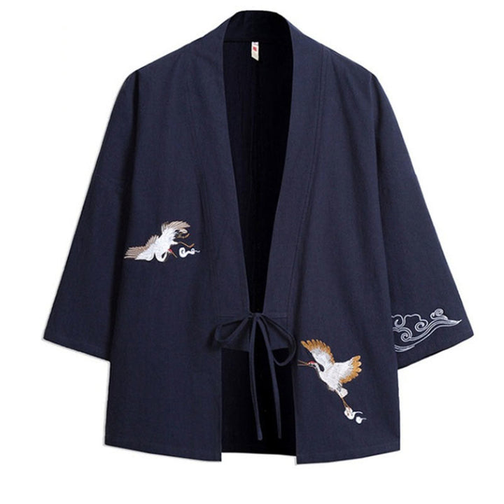 Buddha Stones Plain Embroidery Cranes Cloud Pattern Open Front Jacket Cotton Linen Men's Kimono - image 8