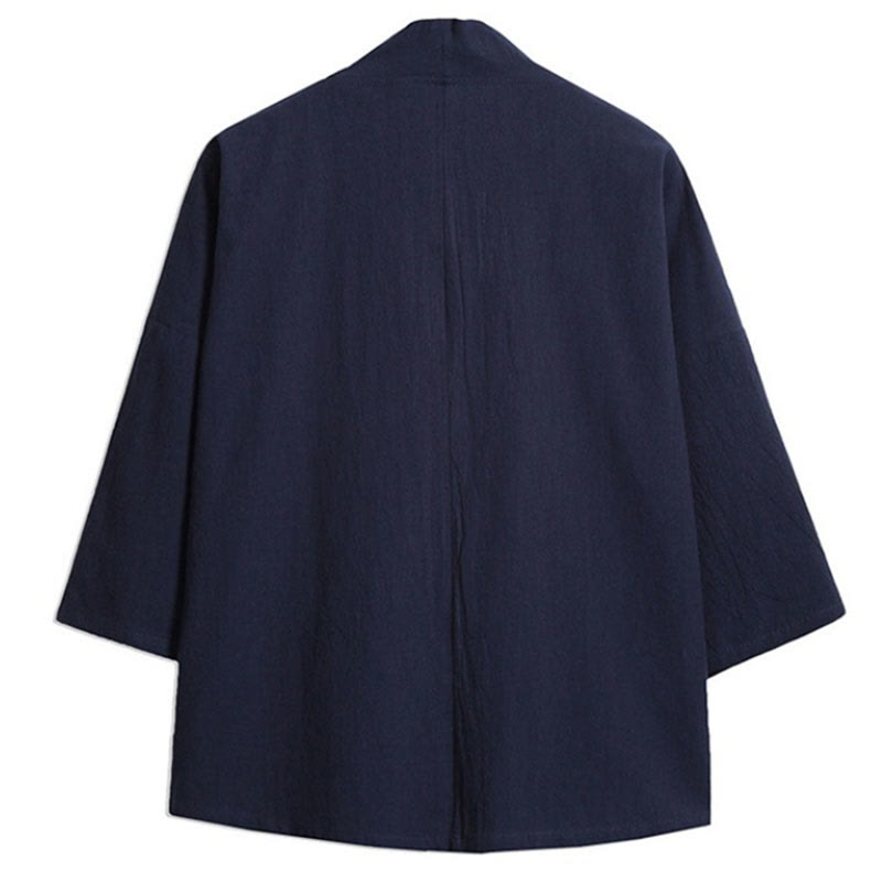 Buddha Stones Plain Embroidery Cranes Cloud Pattern Open Front Jacket Cotton Linen Men's Kimono - image 9