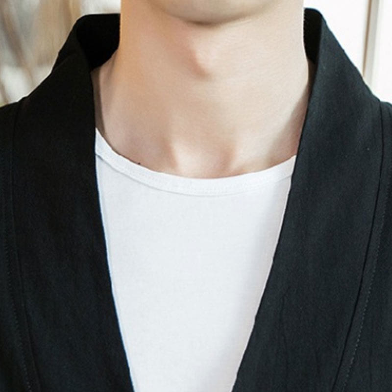 Buddha Stones Plain Embroidery Cranes Cloud Pattern Open Front Jacket Cotton Linen Men's Kimono - image 14