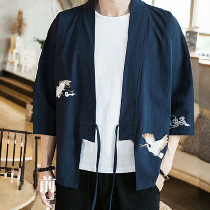 Buddha Stones Plain Embroidery Cranes Cloud Pattern Open Front Jacket Cotton Linen Men's Kimono - image 3