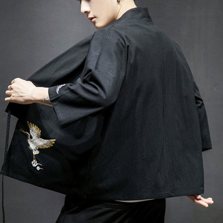 Buddha Stones Plain Embroidery Cranes Cloud Pattern Open Front Jacket Cotton Linen Men's Kimono - image 12