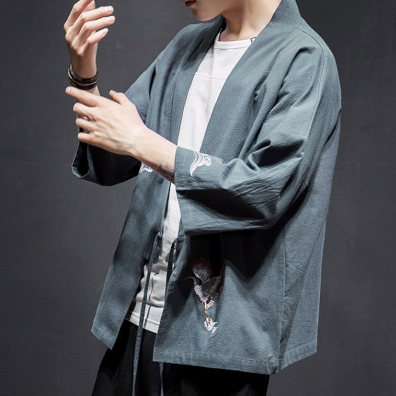 Buddha Stones Plain Embroidery Cranes Cloud Pattern Open Front Jacket Cotton Linen Men's Kimono - image 28